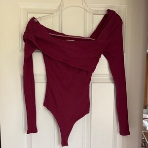 Privacy Please Ribbed Burgundy Off-Shoulder Long Sleeve Bodysuit